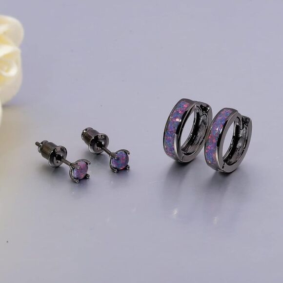 14K Black Gold with Genuine Black Fire Opal Huggie and Stud Earrings Set of 2 - Picture 2 of 5